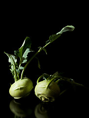 Image showing Two kohlrabies (German turnip or turnip cabbage) with leaves