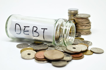 Image showing Debt lable in a glass jar with coins spilling out