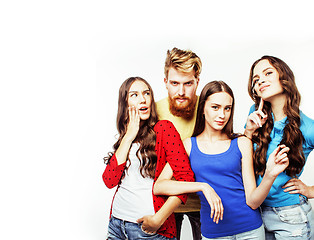 Image showing company of hipster guys, bearded red hair boy and girls students