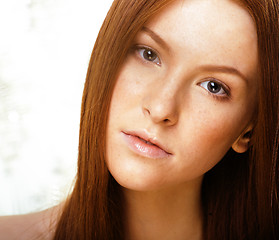 Image showing beauty young redhead woman with red flying hair, funny ginger fr