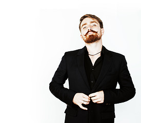 Image showing young red hair man with beard and mustache in black suit on white background