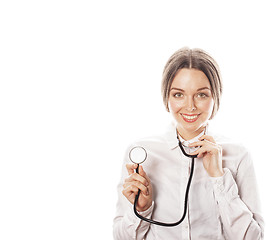 Image showing young pretty woman doctor with stethoscope on white background 