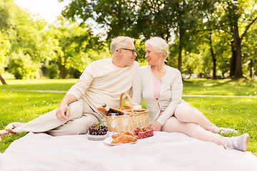Image showing happy senior couple having picnic at summer park