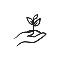 Image showing Hands holding seedling in soil sketch icon.