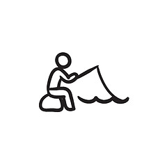 Image showing Fisherman sitting with rod sketch icon.