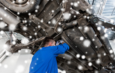 Image showing mechanic man or smith repairing car at workshop