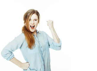 Image showing cute young woman making cheerful faces on white background