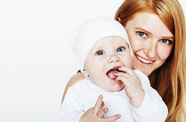 Image showing young beauty mother with baby, red head happy family isolated