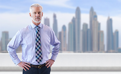 Image showing Senior businessman in front of the big city