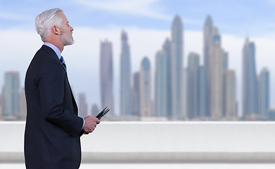 Image showing Senior businessman in front of the big city