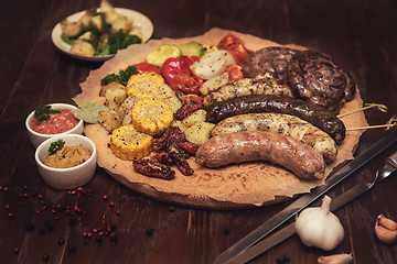 Image showing Grilled sausages with vegetables