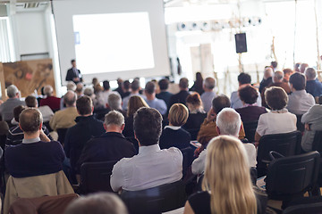 Image showing Business speaker giving a talk at business conference event.