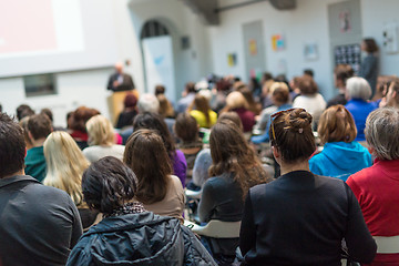 Image showing Public speaker giving talk at Business Event.