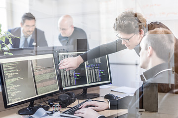 Image showing Startup business problem solving. Software developers working on desktop computer.