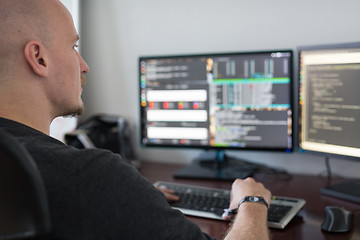 Image showing Man Programming Code On Computers Screen At Desk.