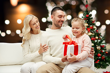 Image showing happy family at home with christmas gift box