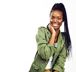 Image showing young pretty african-american girl posing cheerful emotional on 