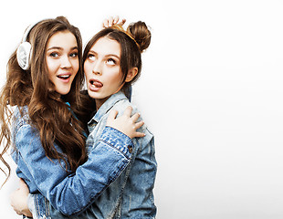 Image showing best friends teenage girls together having fun, posing emotional