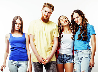 Image showing company of hipster guys, bearded red hair boy and girls students