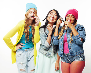 Image showing diverse nation girls group, teenage friends company cheerful having fun, happy smiling, cute posing isolated on white background, lifestyle people concept