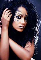 Image showing beauty afro girl with cat make up, creative leopard print closeup