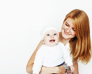 Image showing young beauty mother with baby, red head happy family isolated