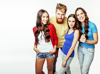 Image showing company of hipster guys, bearded red hair boy and girls students