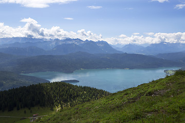 Image showing Panorama mountain view from Jochberg to lake Walchensee