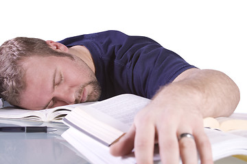 Image showing College Student Sleeping on his Desk