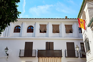 Image showing The national flag of Spain hang on the balcony