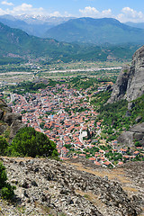 Image showing Meteora rock mountains and Kalabaka city, Greece