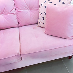 Image showing Pink velvet sofa with soft cushions