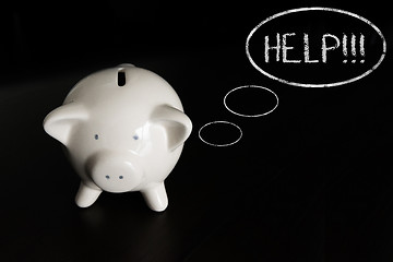 Image showing Piggy bank with thought bubbles, thinking HELP