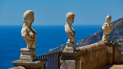 Image showing Scenic picture-postcard view of famous Amalfi Coast with Gulf of Salerno from Villa Cimbrone gardens in Ravello, Naples, Italy