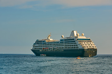 Image showing Cruise Ship came to Amalfi in Southern Italy. Aerial view