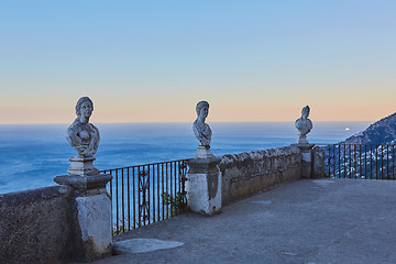 Image showing Scenic picture-postcard view of famous Amalfi Coast with Gulf of Salerno from Villa Cimbrone gardens in Ravello, Naples, Italy