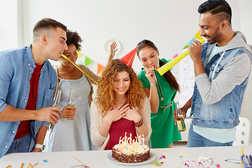 Image showing happy coworkers with cake at office birthday party