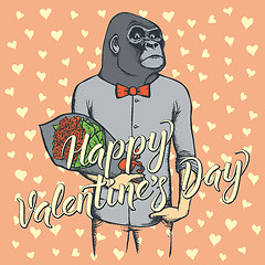 Image showing Vector monkey with flowers celebrating Valentines Day