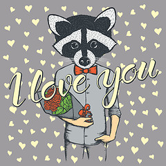 Image showing Vector raccoon with flowers celebrating Valentines Day