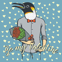 Image showing Vector penguin with flowers celebrating Valentines Day