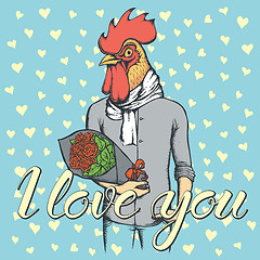 Image showing Vector rooster with flowers celebrating Valentines Day