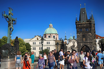 Image showing PRAGUE, CZECH REPUBLIC - AUGUST 24, 2016: People walking and loo