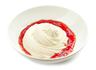 Image showing whipped cream with strawberry sauce