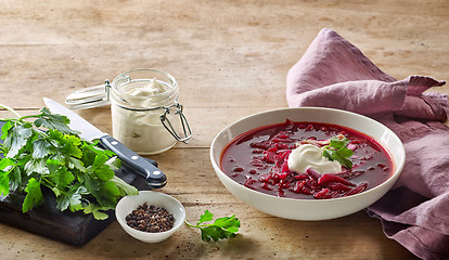 Image showing bowl of beet root soup borsch