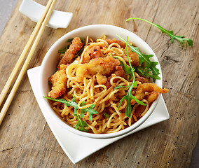 Image showing Bowl of asian noodles with fried meat