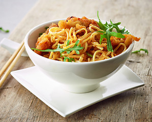 Image showing Bowl of asian noodles with fried meat