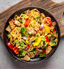 Image showing Plate of noodles with meat and vegetables