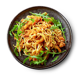 Image showing Plate of asian noodles with fried meat