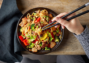 Image showing Noodles with meat and vegetables