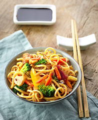 Image showing Asian egg noodles with vegetables and meat